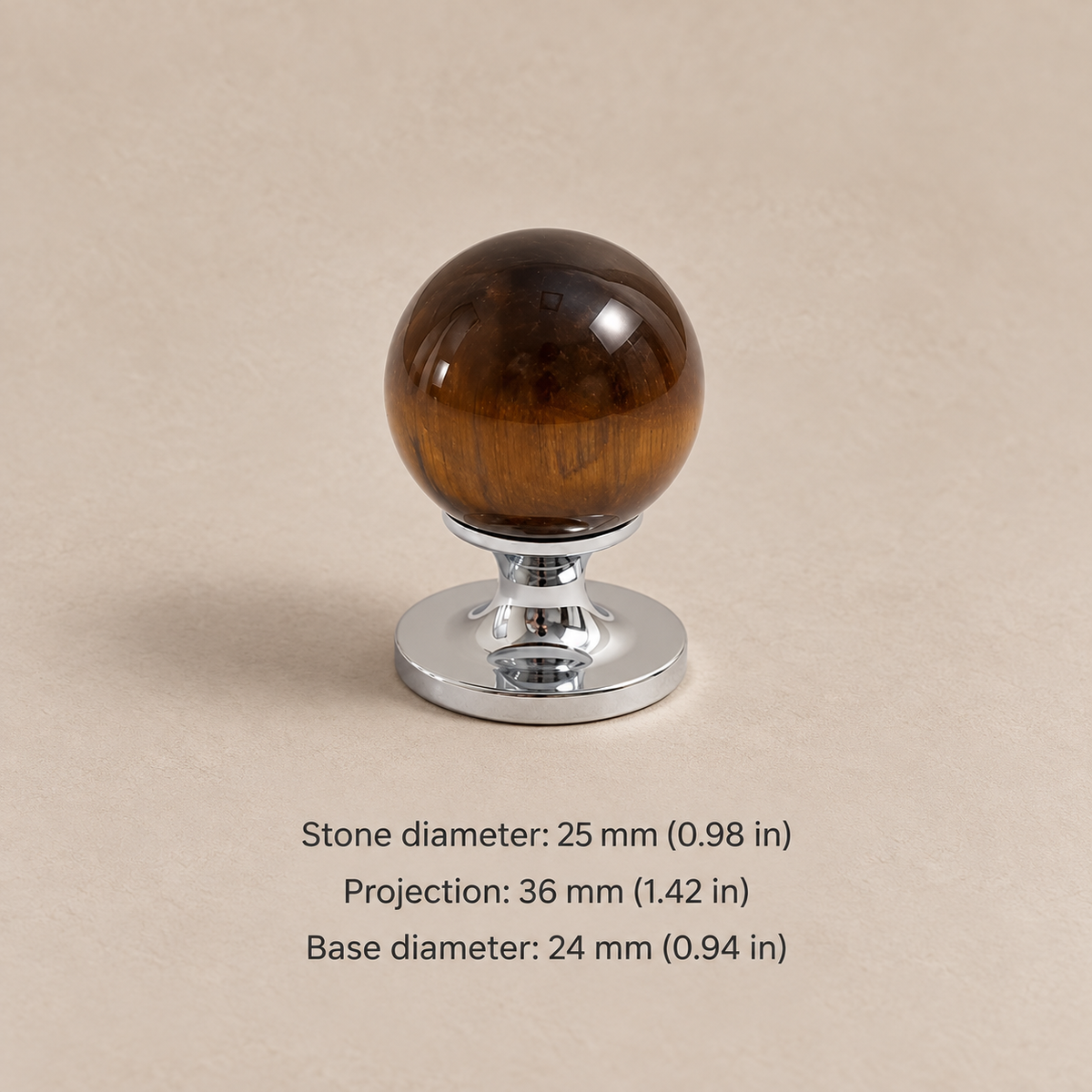 Natural stone cabinet knob — chrome tiger eye — 25 mm diameter, 36 mm projection, 24 mm base