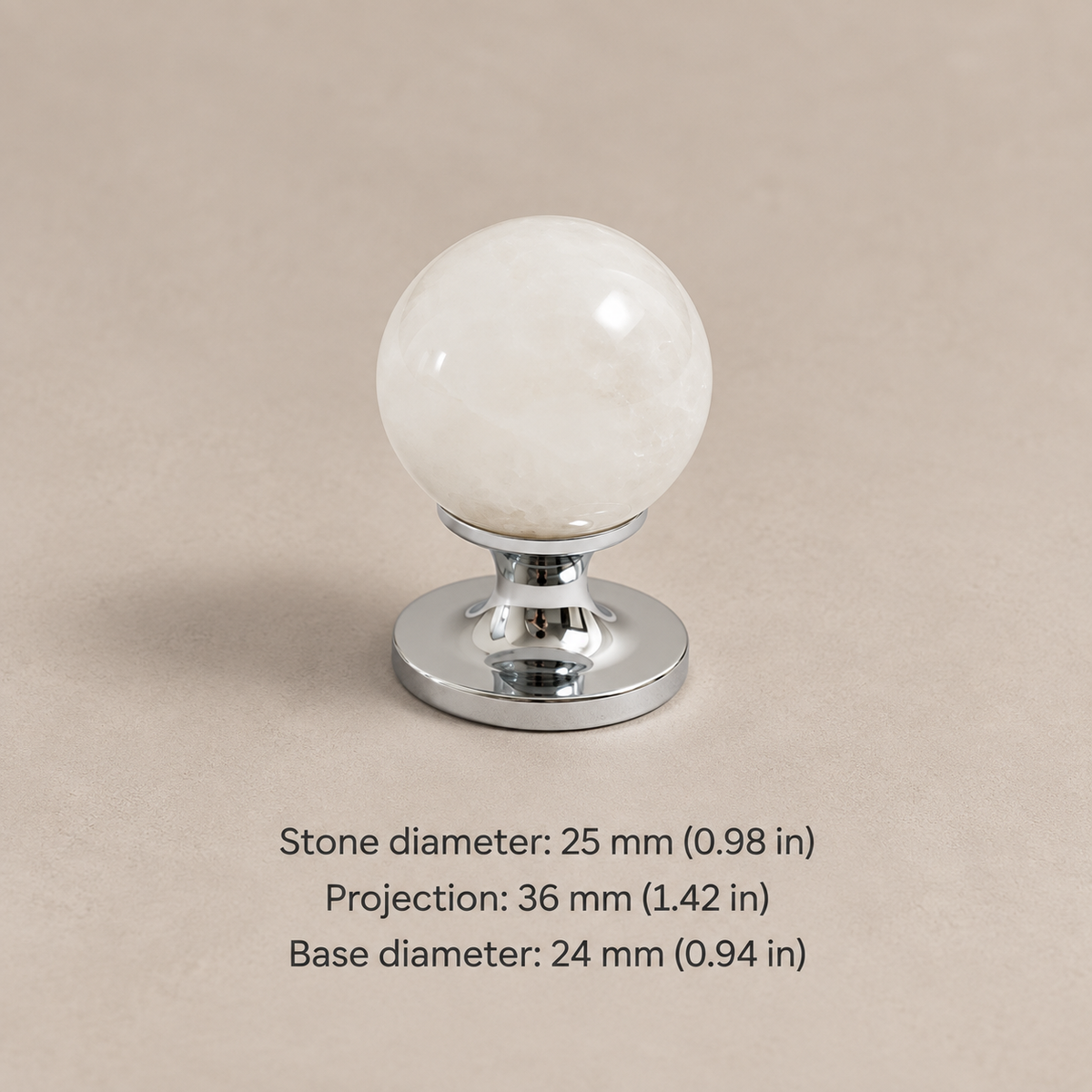 Natural stone cabinet knob — chrome white — 25 mm diameter, 36 mm projection, 24 mm base