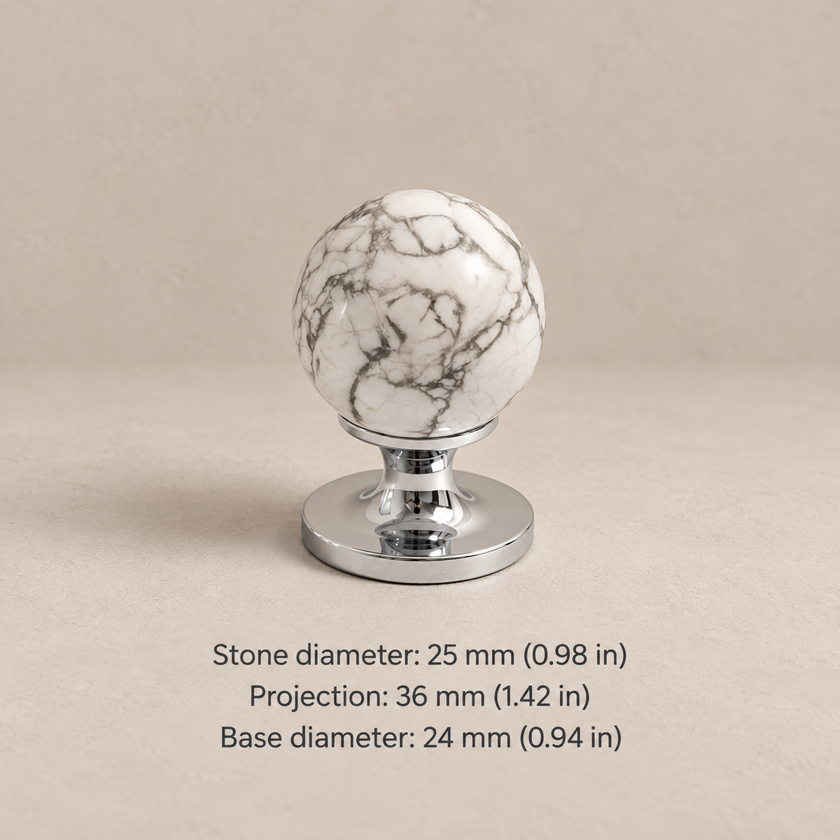 Natural stone cabinet knob — chrome white veined — 25 mm diameter, 36 mm projection, 24 mm base