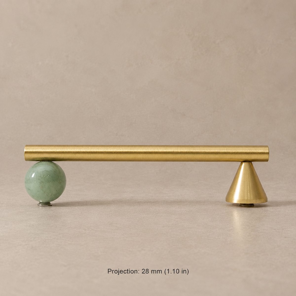 green stone and brass cabinet pull; 28 mm (1.10 in) projection
