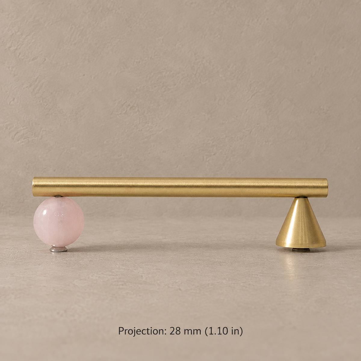 pink stone and brass cabinet pull; 28 mm (1.10 in) projection