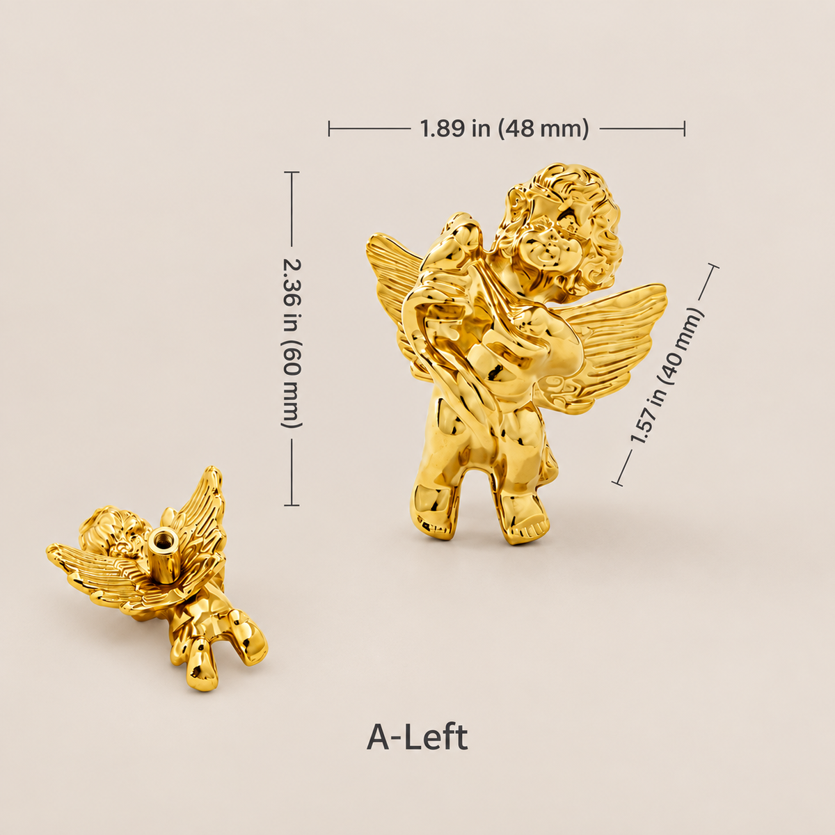 Gold left angel cabinet knob, front and rear mounting views with dimensions