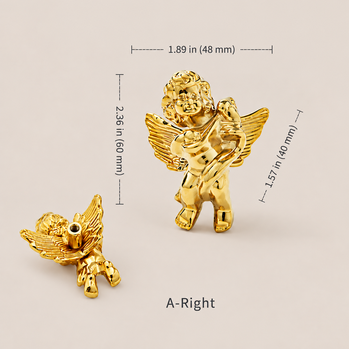 Gold right angel cabinet knob, front and rear mounting views with dimensions