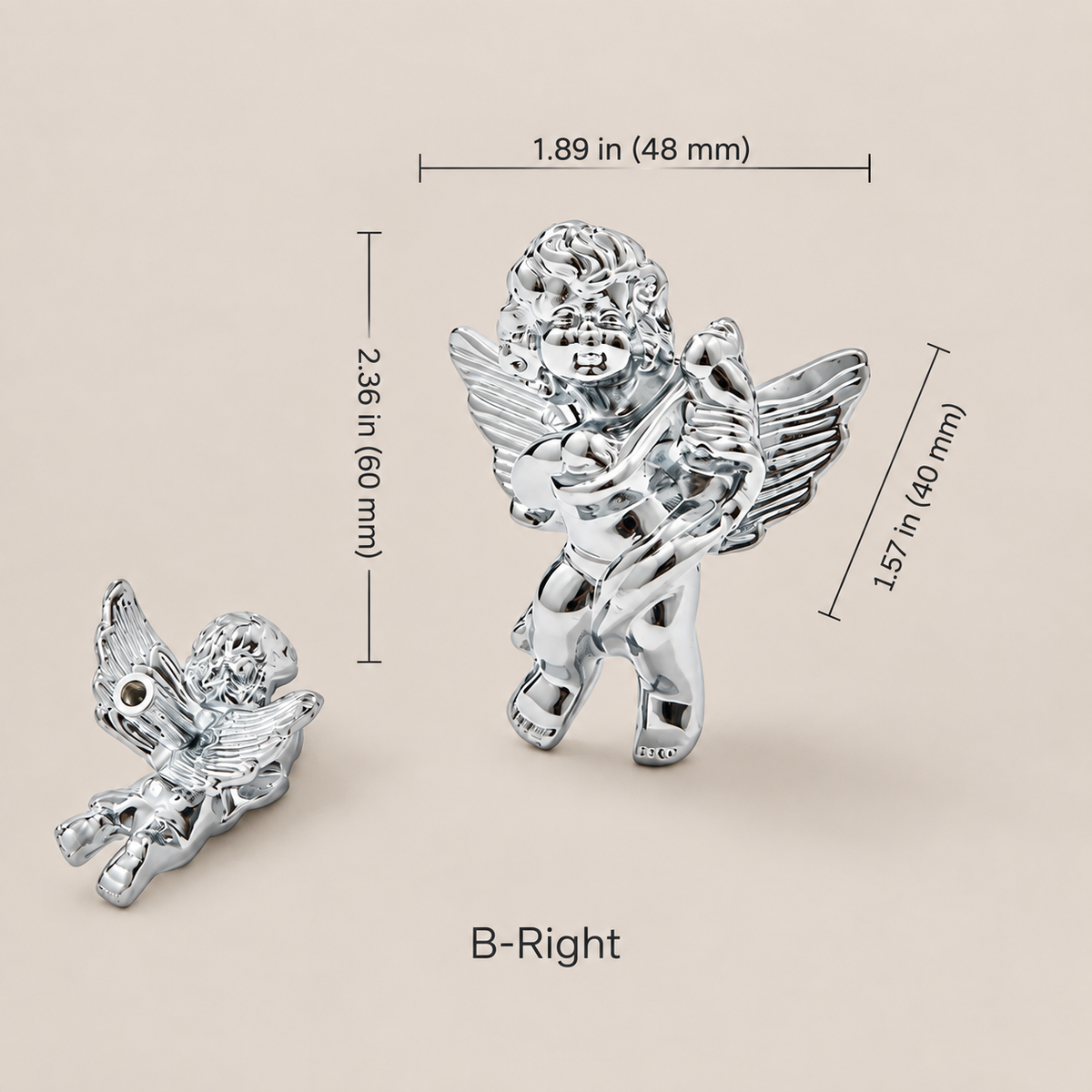 Chrome right angel cabinet knob, front and rear mounting views with dimensions