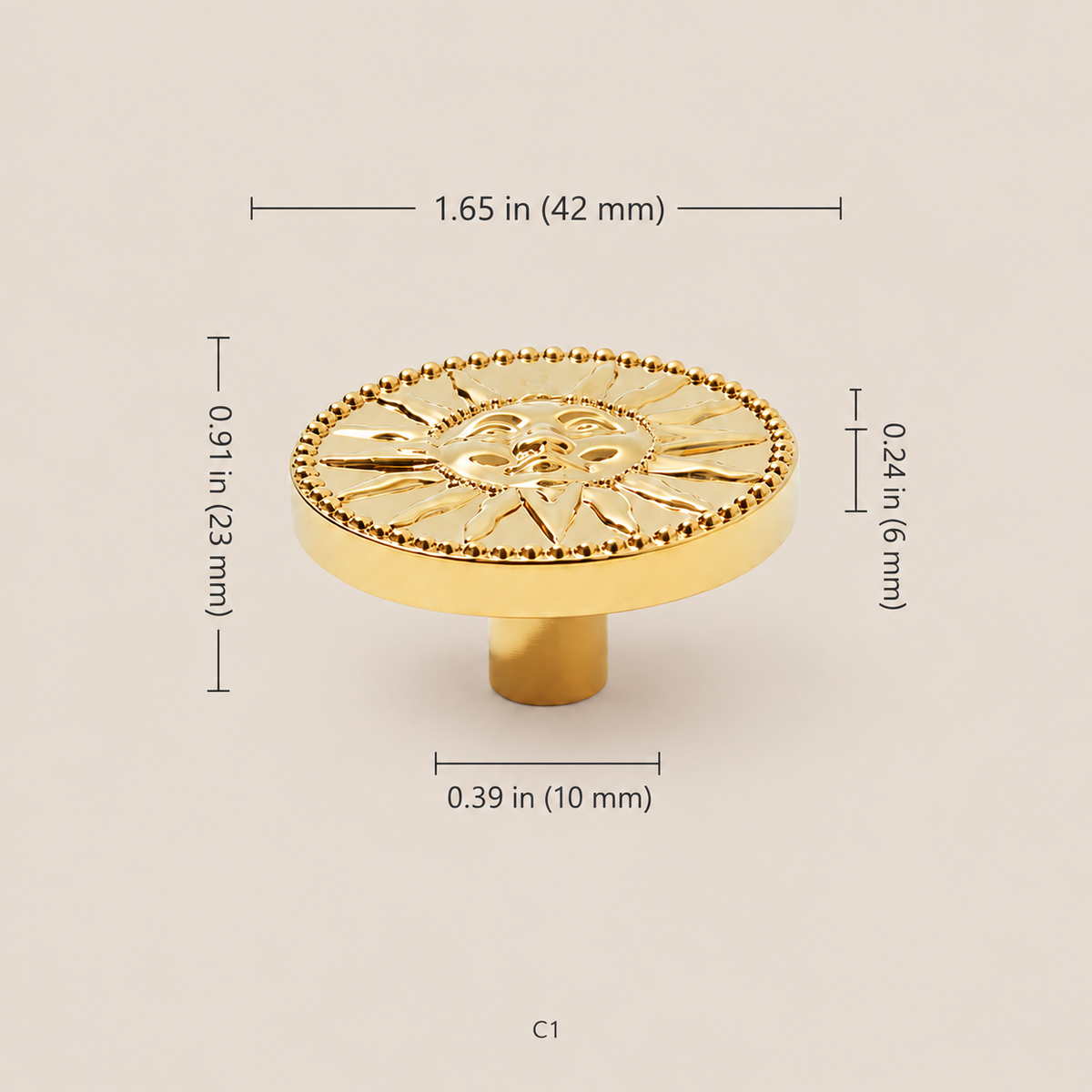 Gold sun-face cabinet knob C1, 42 mm diameter with measurements in inches and millimeters