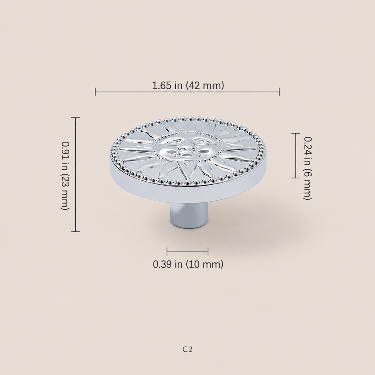 Chrome sun-face cabinet knob C2, 42 mm diameter with measurements in inches and millimeters