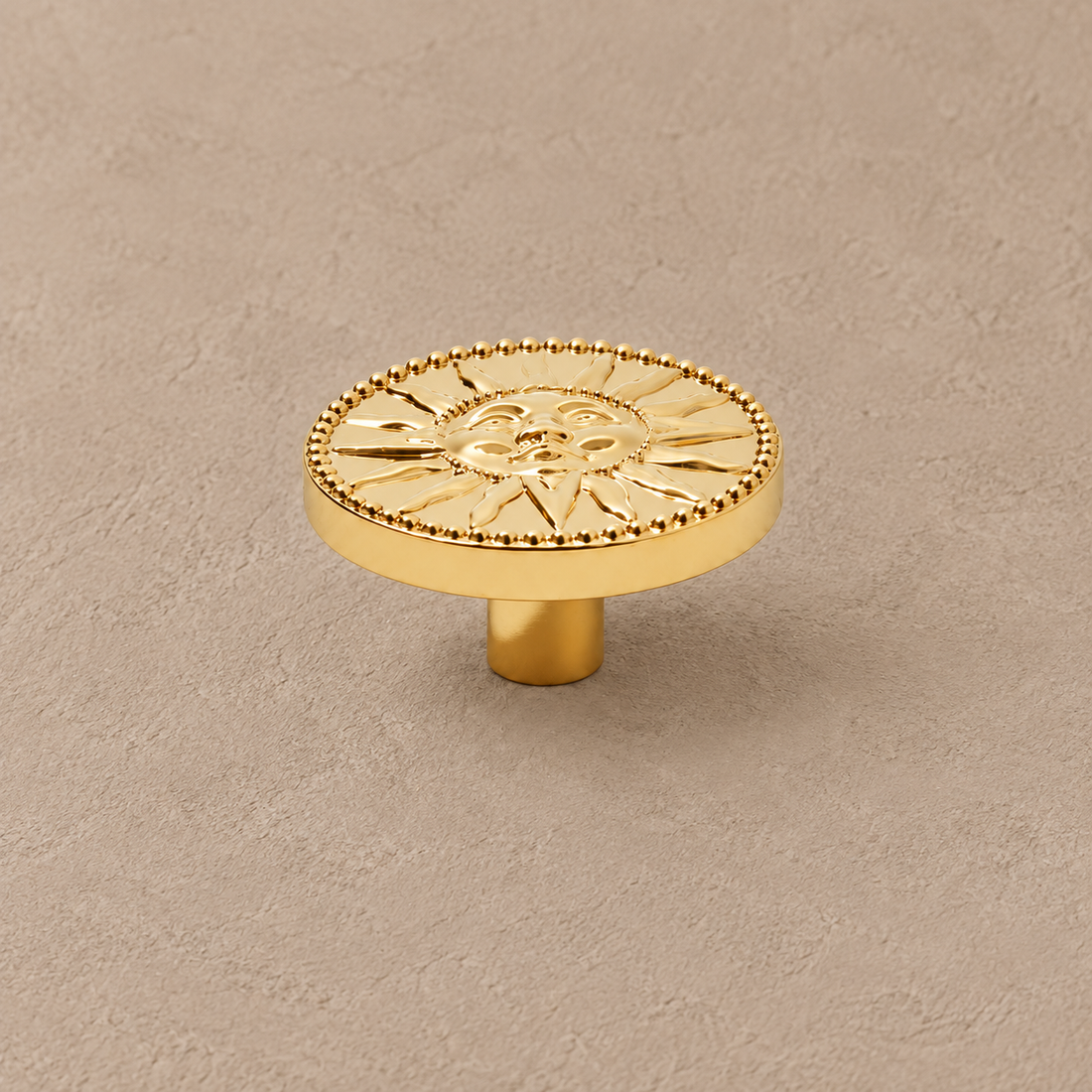 Gold & Silver Sun Angel Cabinet Knob — Solid Brass Decorative Hardware on a deep olive studio background
