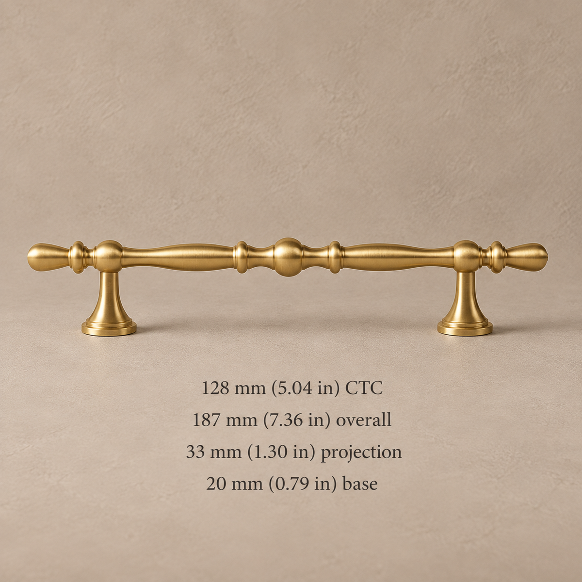 Brass teardrop cabinet pull, 128 mm center-to-center, dimensions in millimeters and inches