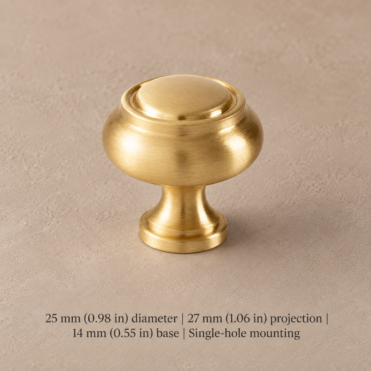 25 mm brass cabinet knob with millimeter and inch dimensions