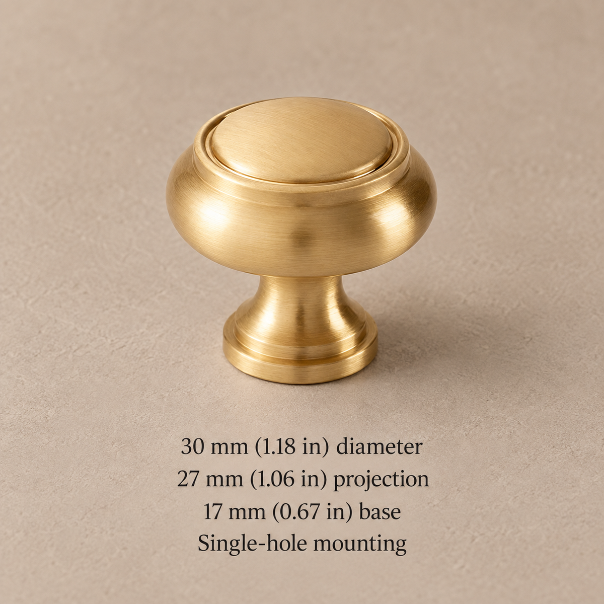 30 mm brass cabinet knob with millimeter and inch dimensions