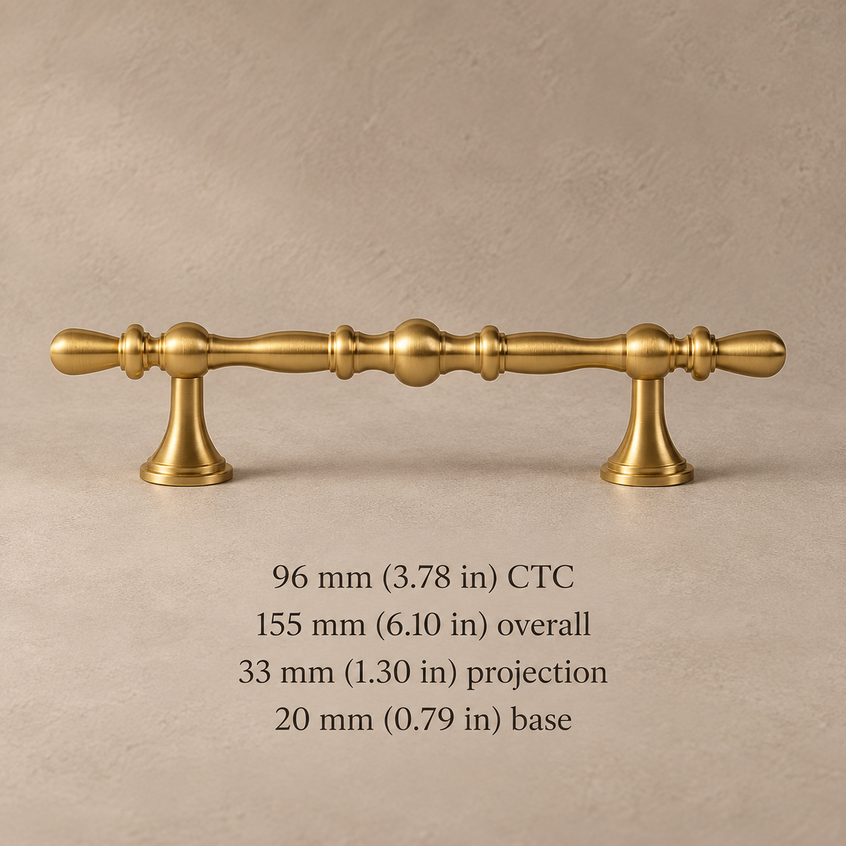 Brass teardrop cabinet pull, 96 mm center-to-center, dimensions in millimeters and inches
