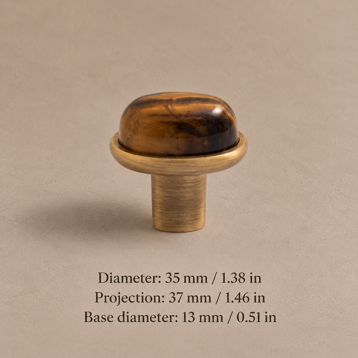 Tiger eye stone cabinet knob with antique brushed brass base, 35 mm diameter and 37 mm projection