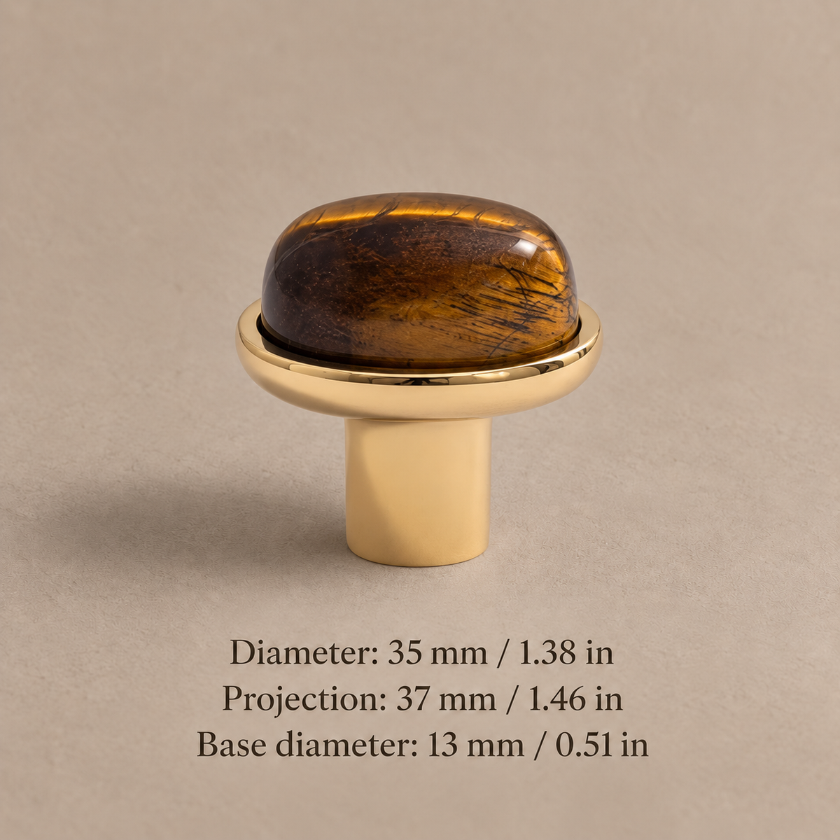 Tiger eye stone cabinet knob with polished PVD gold brass base, 35 mm diameter and 37 mm projection