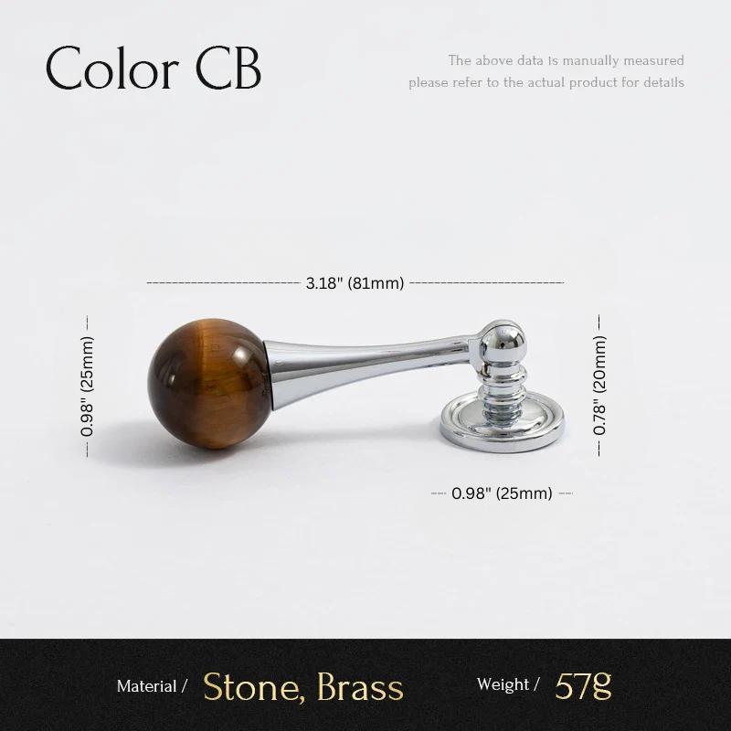 Measurement chart of a decorative item with stone and brass components on a white background.
