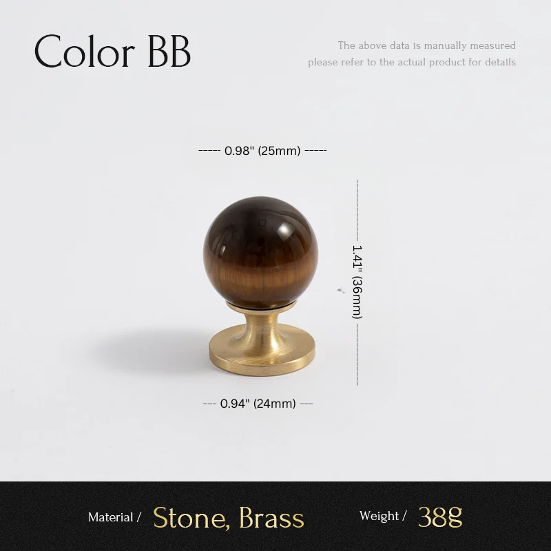 Decorative object with stone and brass finish, shown with measurements on a light gray background.