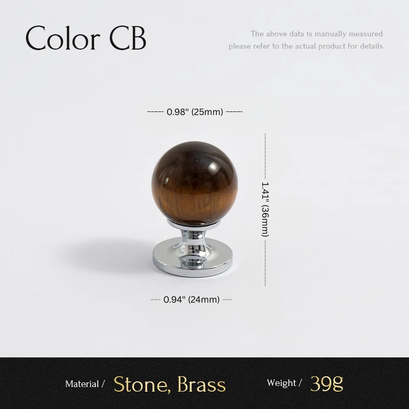 Measurement chart for a decorative object with stone and brass components on a white background.
