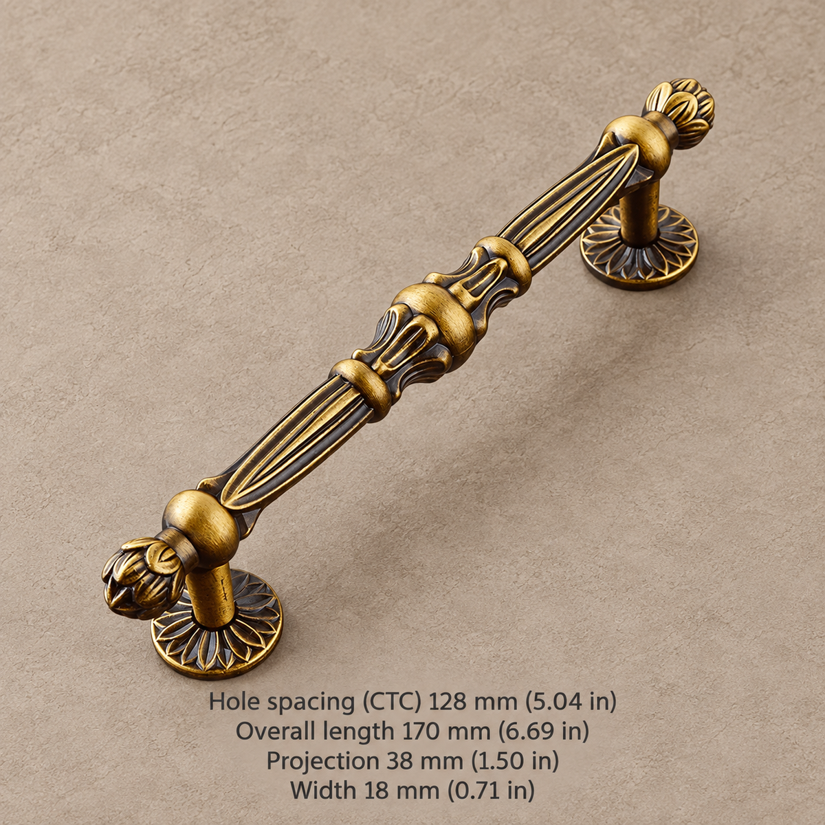 Traditional European Cabinet Pulls & Knobs — Antique Brass Zinc Alloy — carved-bar-128-ctc