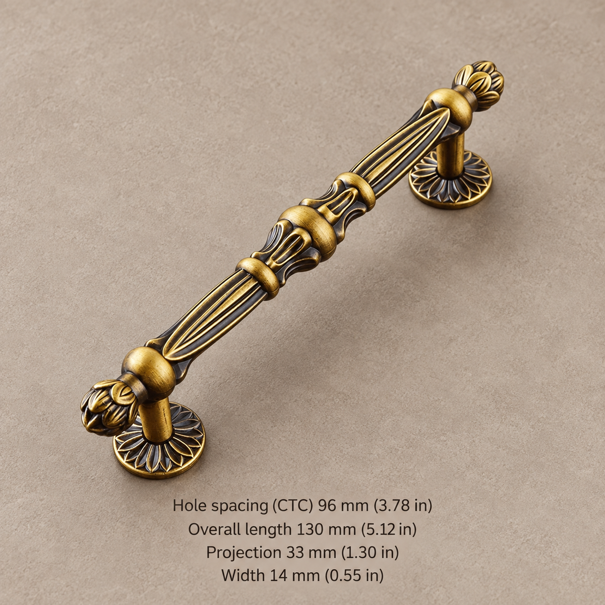 Traditional European Cabinet Pulls & Knobs — Antique Brass Zinc Alloy — carved-bar-96-ctc
