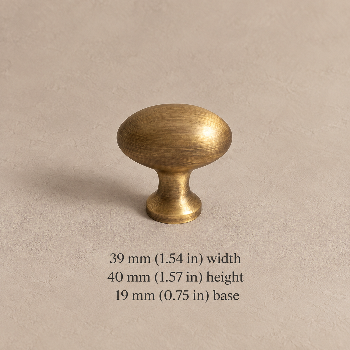 Antique brass oval stem knob, 39 mm (1.54 in) wide