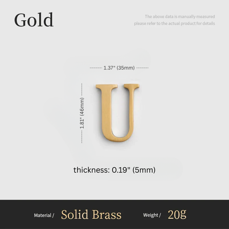 Gold letter 'U' with measurements on a white background