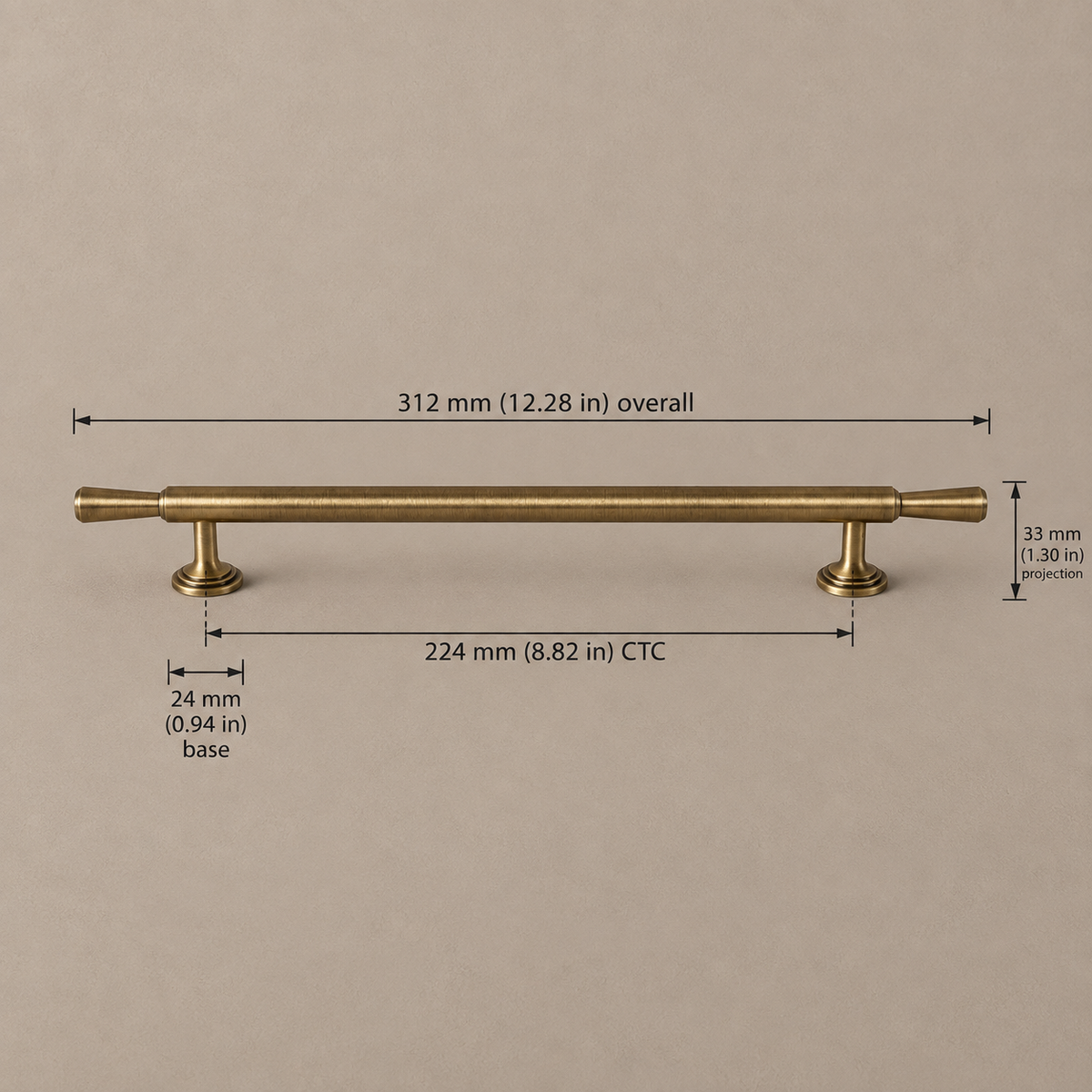 Vintage T-Bar & Long Cabinet Pull Set - Antique Brushed Brass — antique-brass-224mm-ctc