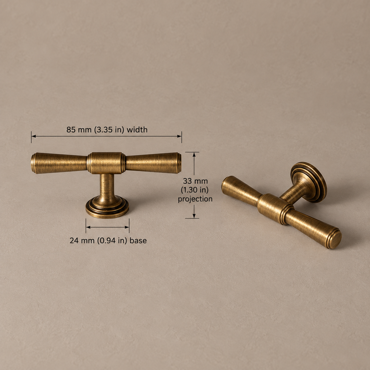 Vintage T-Bar & Long Cabinet Pull Set - Antique Brushed Brass — antique-brass-t-knob-85mm