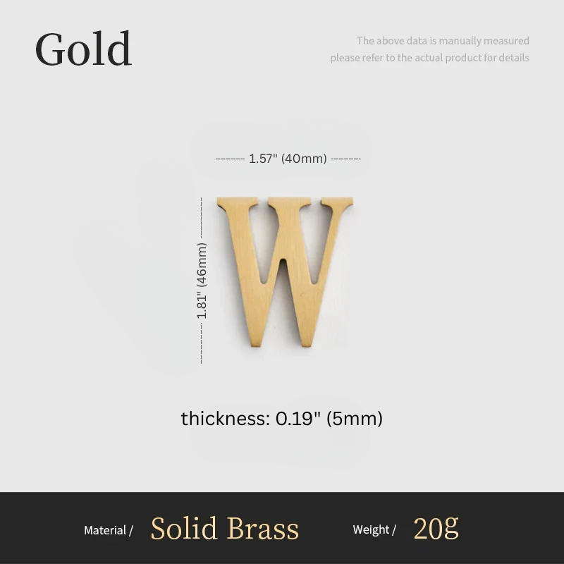 Gold letter 'W' with measurements on a light gray background