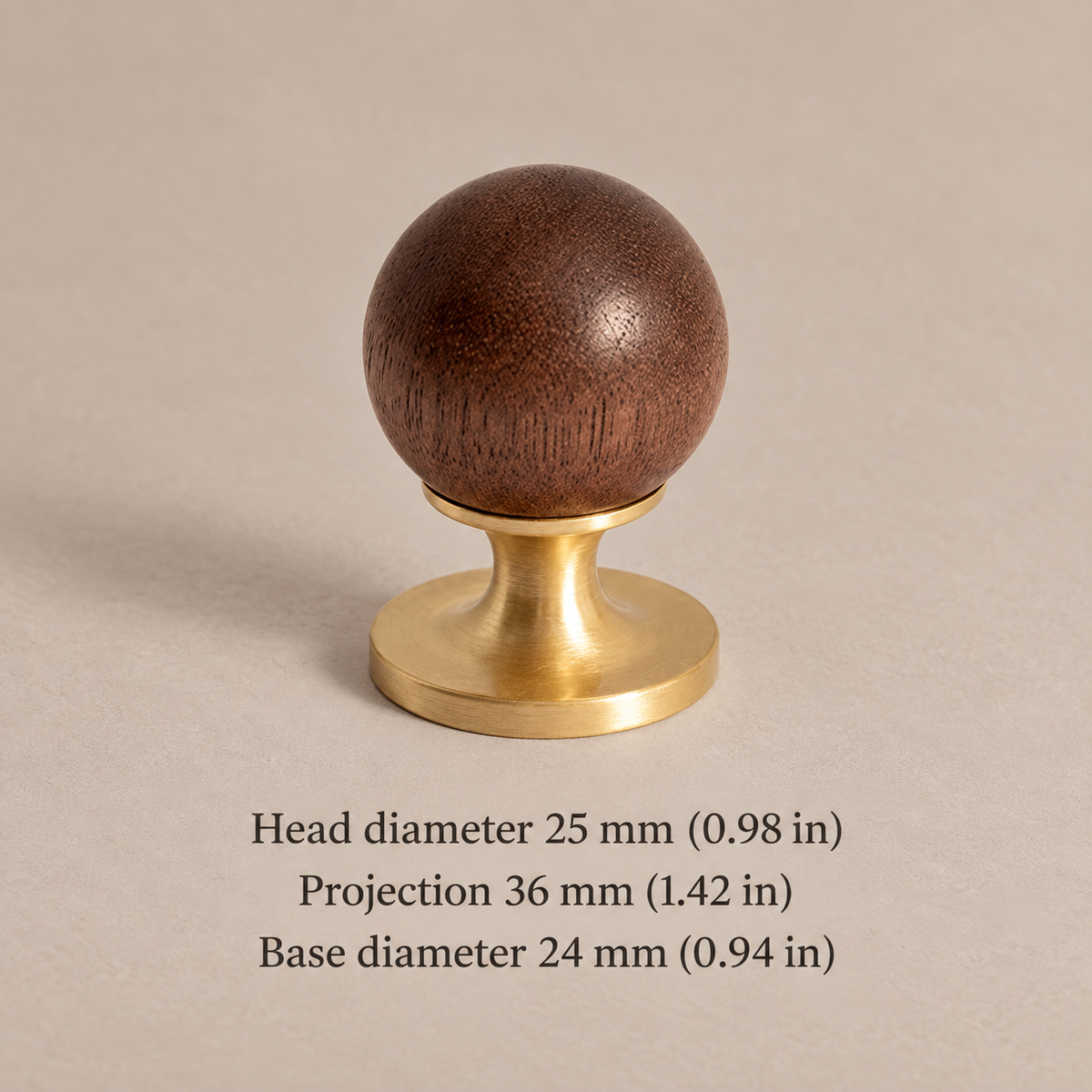 Walnut ball cabinet knob dimensions in millimeters and inches