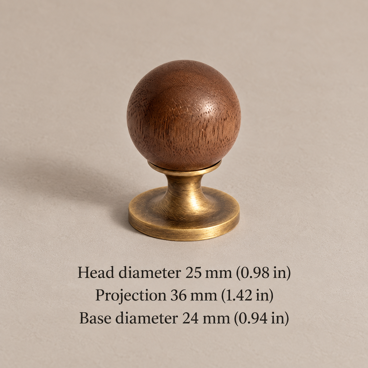 Walnut ball cabinet knob dimensions in millimeters and inches