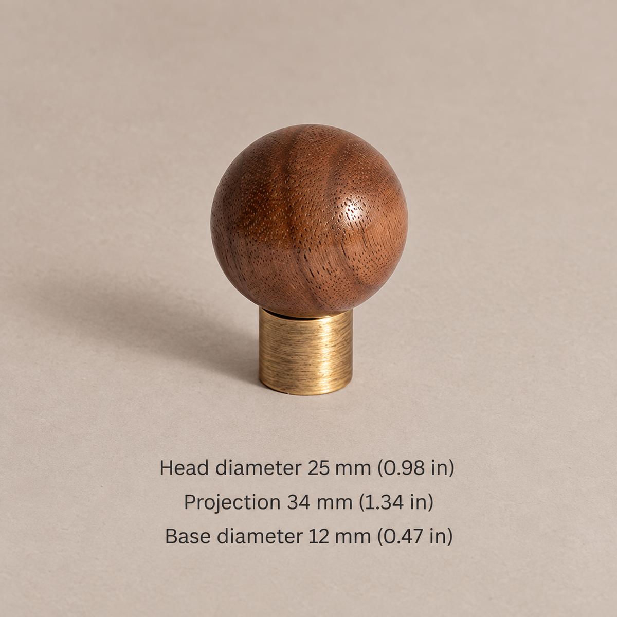 Walnut ball cabinet knob dimensions in millimeters and inches