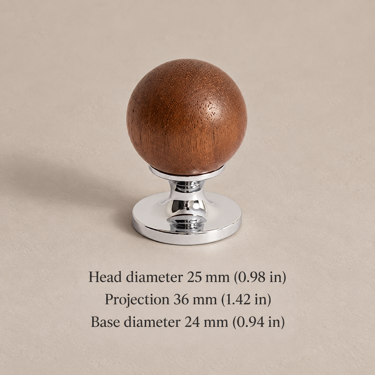 Walnut ball cabinet knob dimensions in millimeters and inches