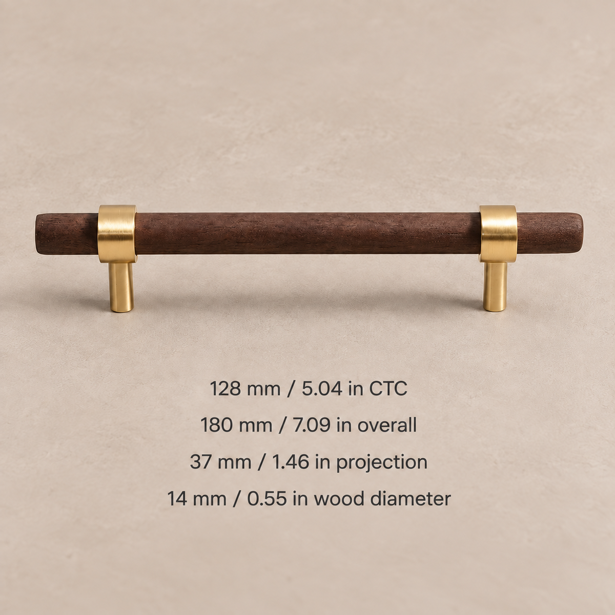 Walnut cabinet pull, 128mm CTC, measurements in millimeters and inches