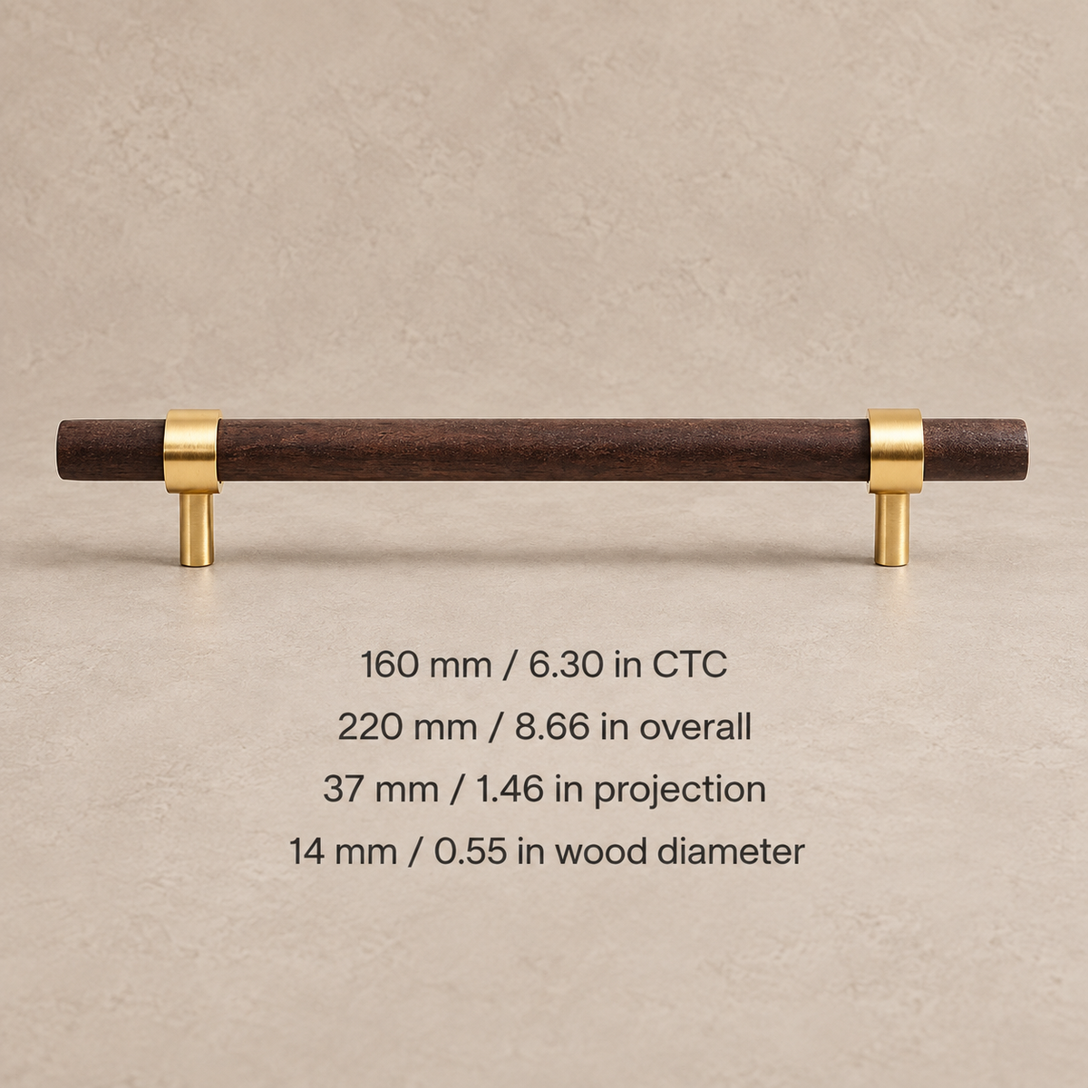 Walnut cabinet pull, 160mm CTC, measurements in millimeters and inches