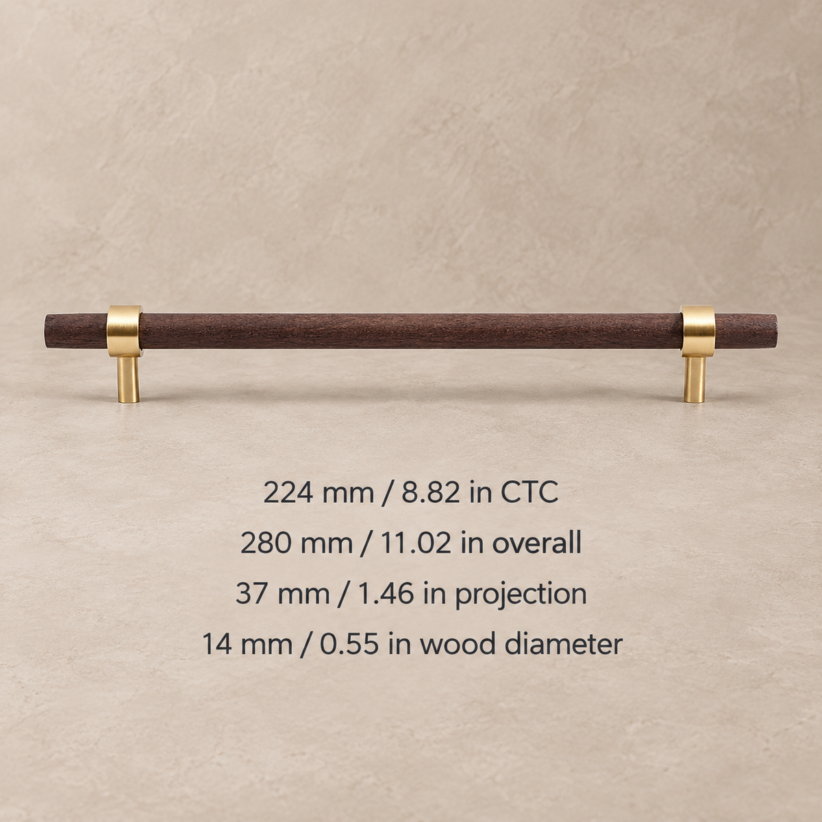 Walnut cabinet pull, 224mm CTC, measurements in millimeters and inches