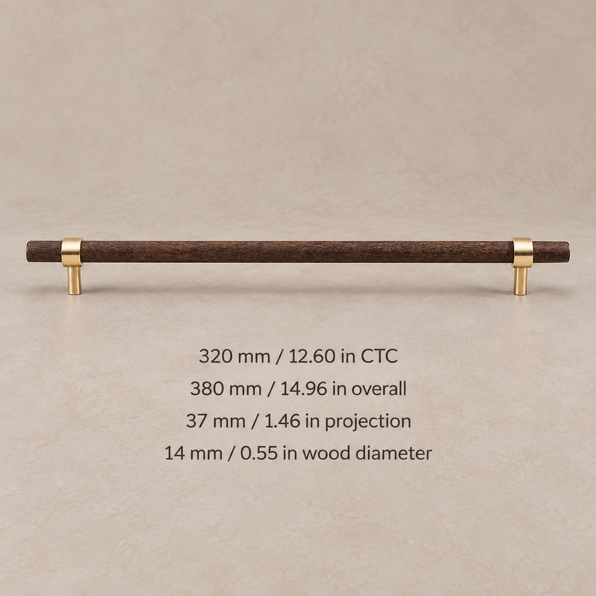 Walnut cabinet pull, 320mm CTC, measurements in millimeters and inches