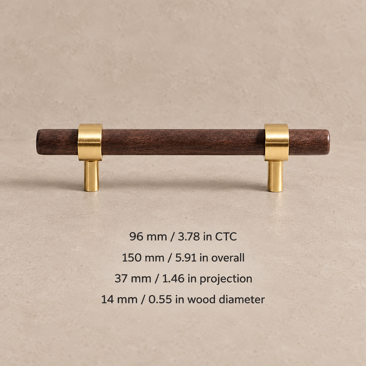 Walnut cabinet pull, 96mm CTC, measurements in millimeters and inches