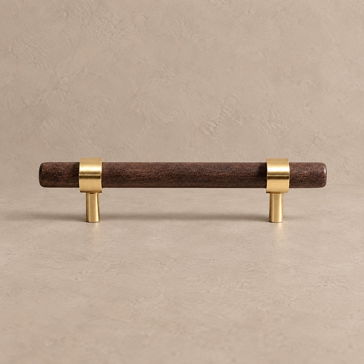 Walnut cabinet pull and brass mounts, studio view