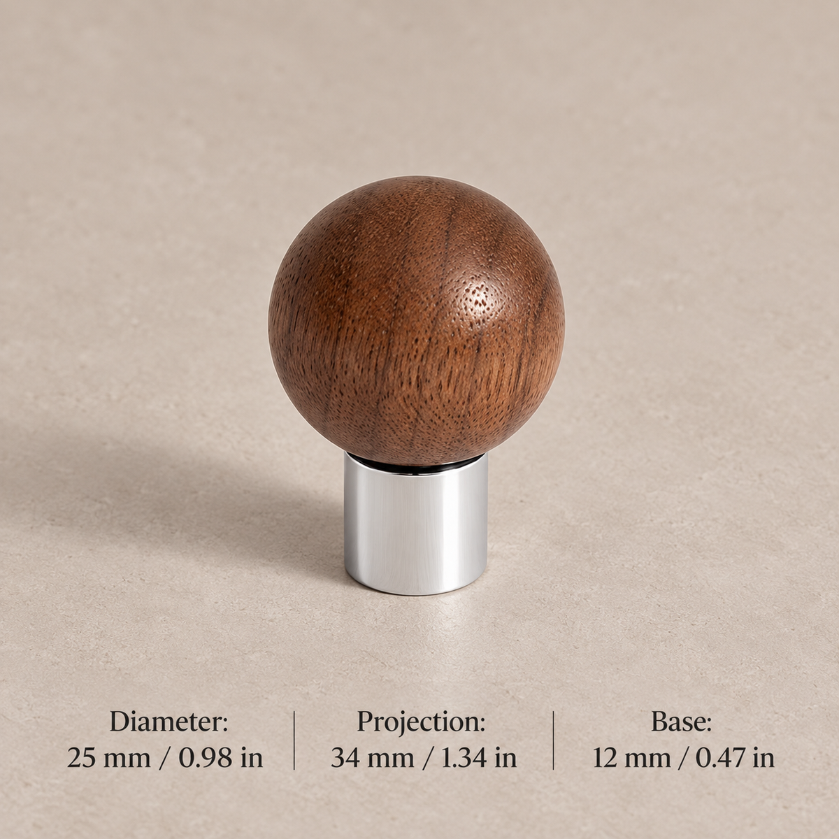 Walnut ball cabinet knob with polished chrome base, 25 mm diameter and 34 mm projection with inch equivalents