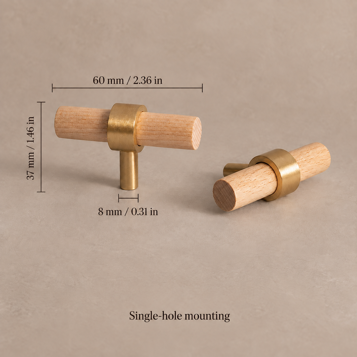 Black Walnut & Brass Cabinet Pull & T-Knob — Solid Wood Hardware — beech-t-60