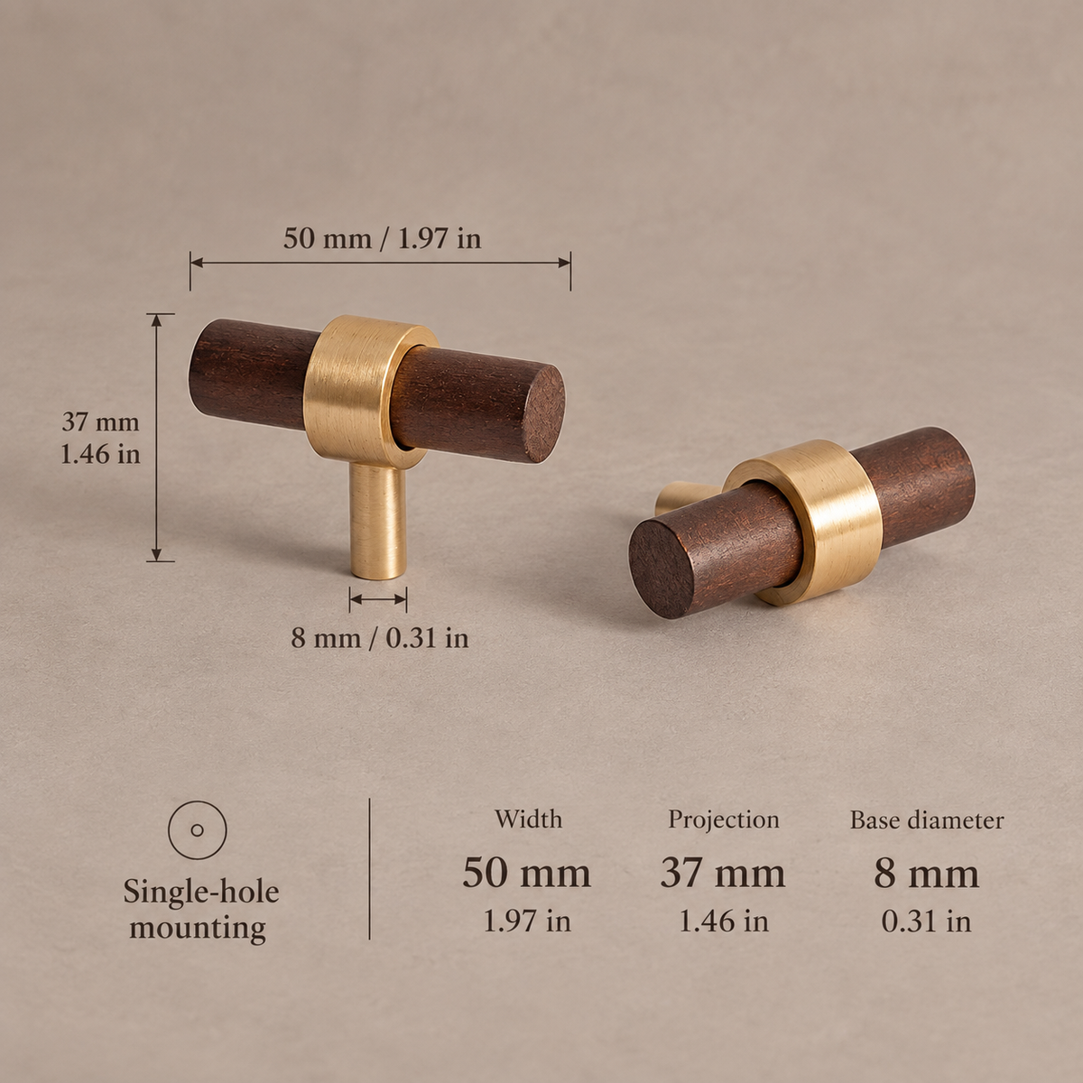 Black Walnut & Brass Cabinet Pull & T-Knob — Solid Wood Hardware — walnut-t-50