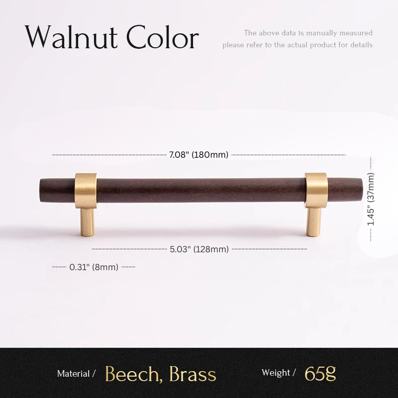 Cabinet handle with dimensions and material details on a white background