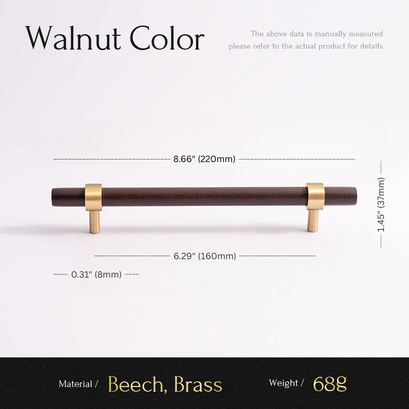 Cabinet handle with dimensions and material details on a white background