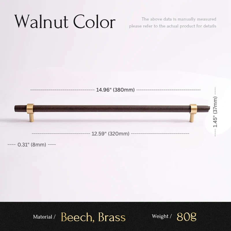 Measurement chart for a walnut-colored cabinet handle with brass accents on a white background.