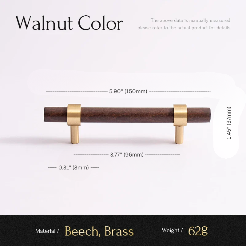 Wooden cabinet handle with brass accents and measurements on a white background