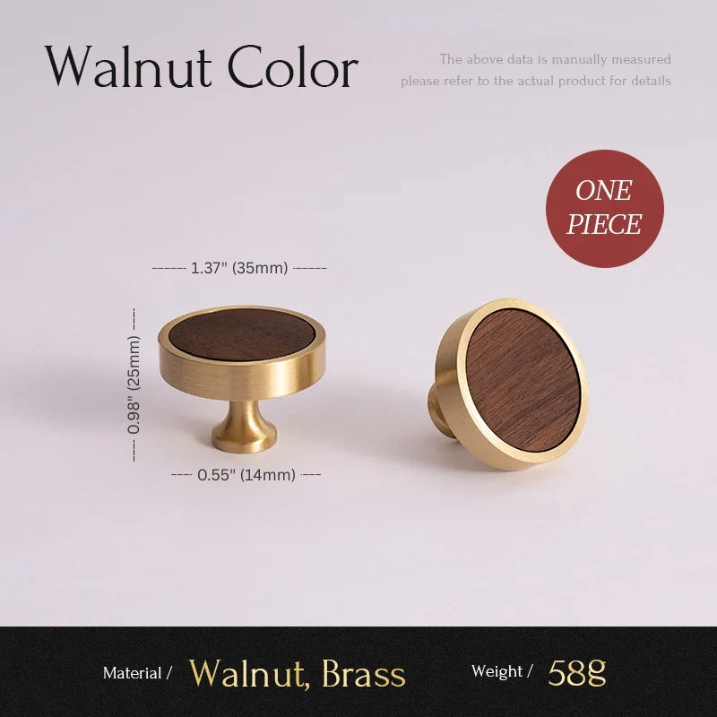 Wooden and brass cabinet knob with measurements and material details on a light gray background
