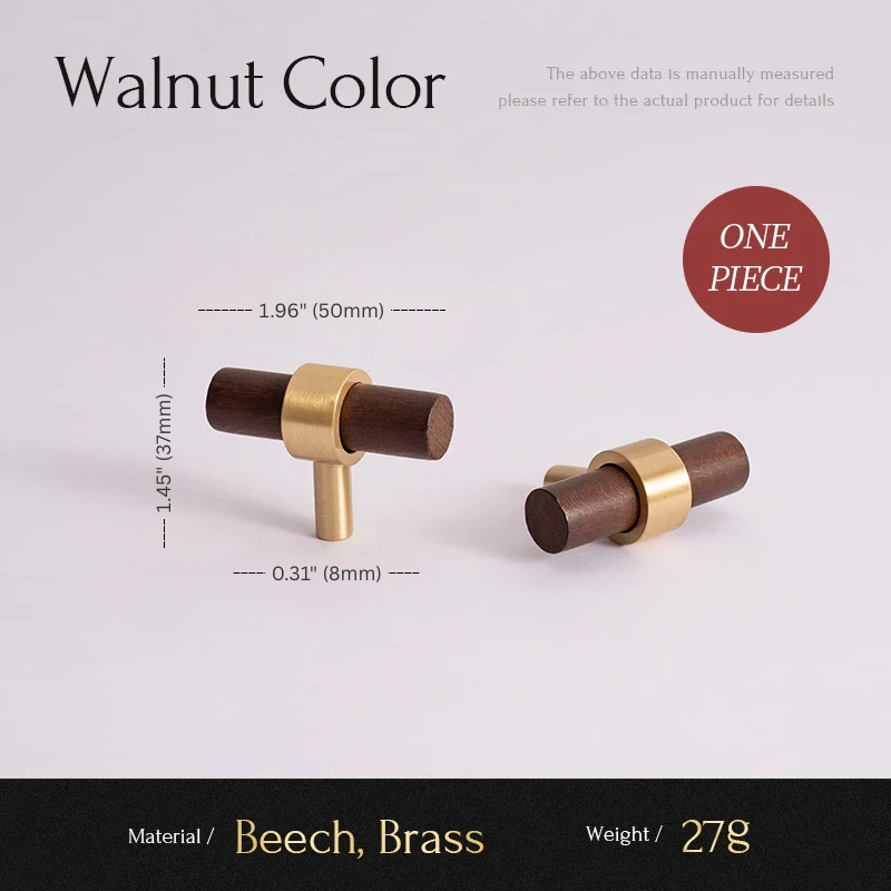 Wooden and brass hardware piece with measurements and material details on a light gray background.