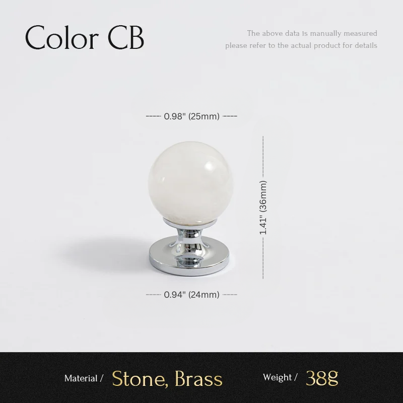 White spherical knob with chrome base and measurements on a light gray background