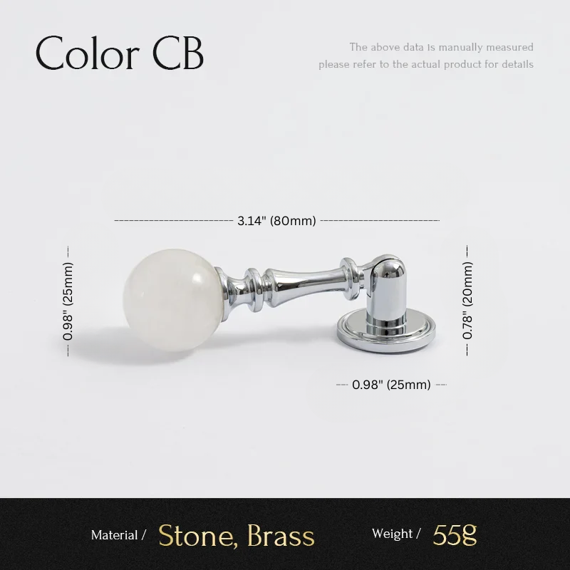 Measurement chart for a decorative item with stone and brass components on a white background.