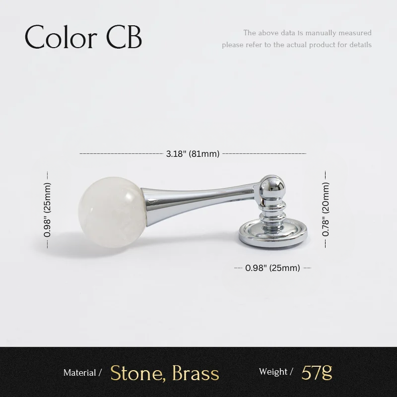 Measurement chart of a stone and brass handle with dimensions and material details.
