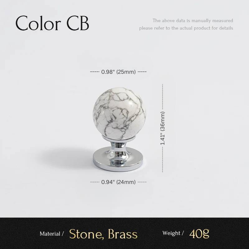 Marble-patterned sphere with brass base on a light gray background, showing measurements and material details.